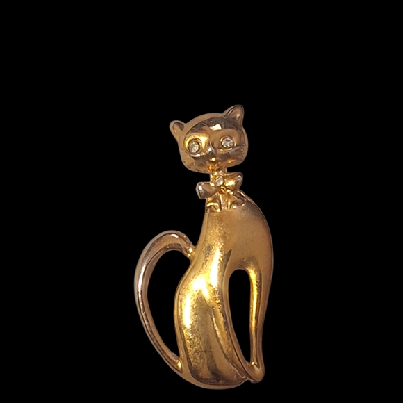 2" Vintage Gold Cat Brooch w/ CZ Eyes - Picture 3 of 4